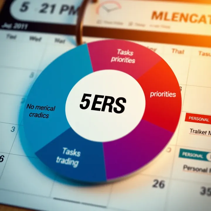 Visual representation of a balanced schedule showing tasks, priorities, and personal time arranged harmoniously on a calendar