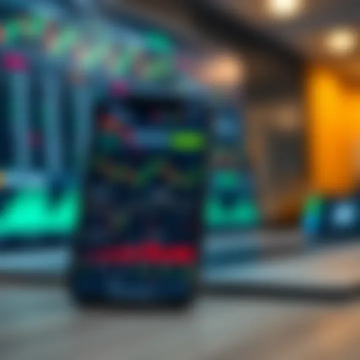 Mobile phone displaying various online trading charts and market data tailored for Pakistani investors