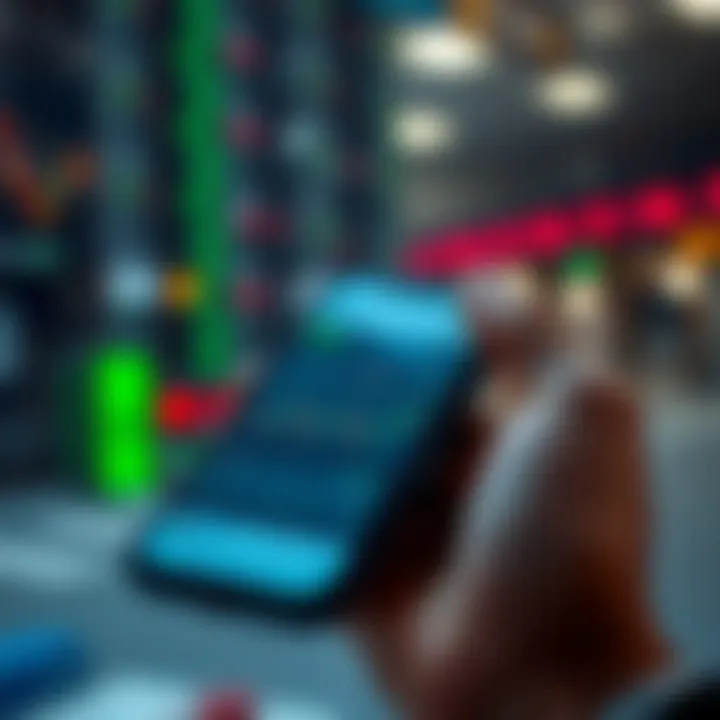 Mobile phone showcasing a secure trading application interface with charts and trading options accessible on the go