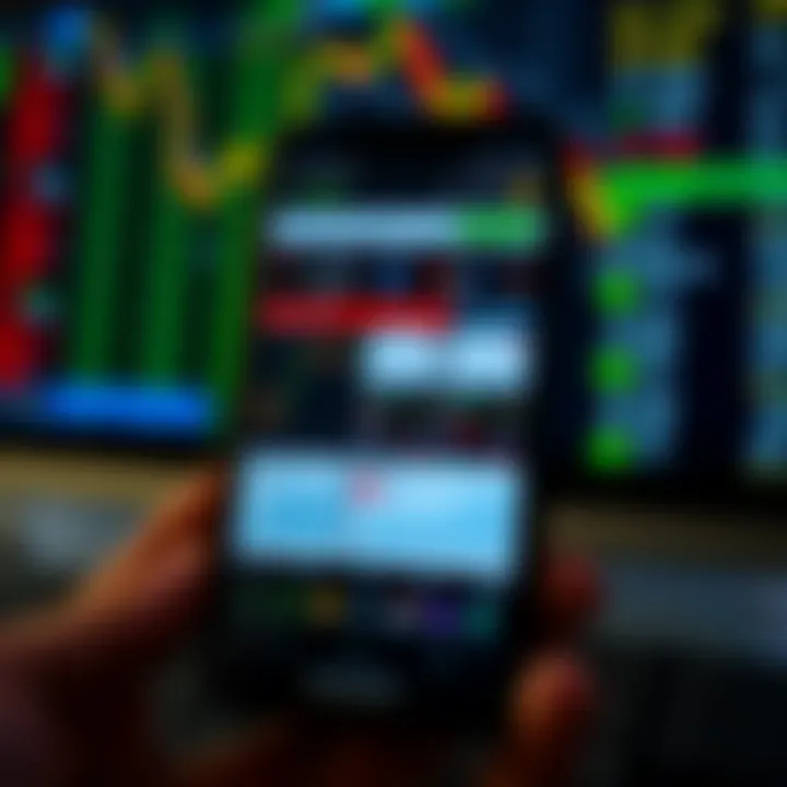 Smartphone screen displaying a variety of stock trading apps with charts and market data