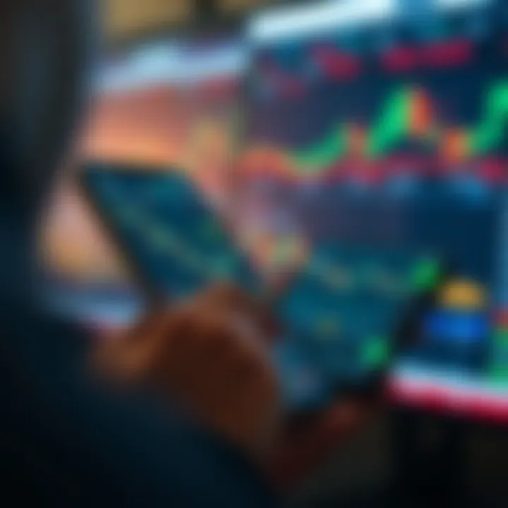 Mobile phone screen displaying various financial charts and market data for trading