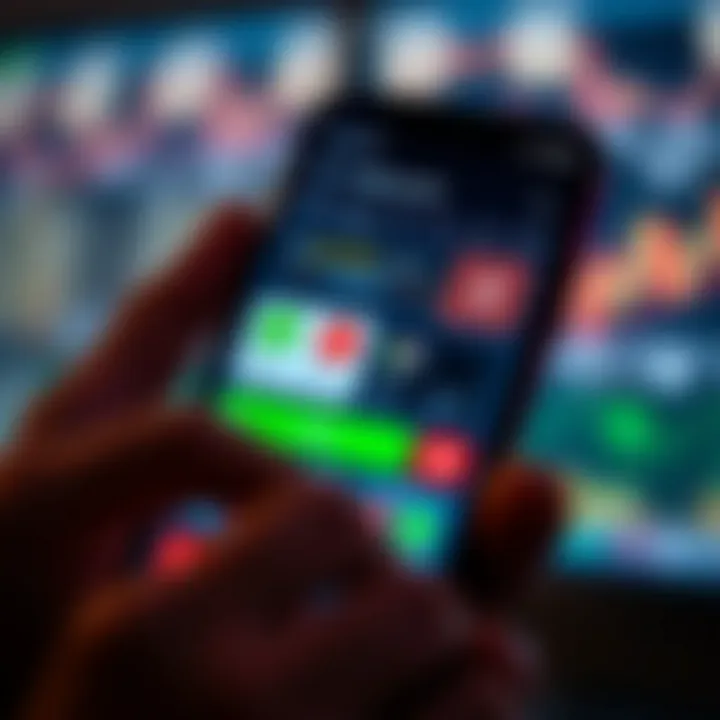 User interface showing various trading app features on a smartphone screen