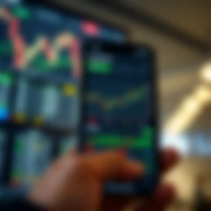 Mobile device displaying a financial trading app interface with charts and market data