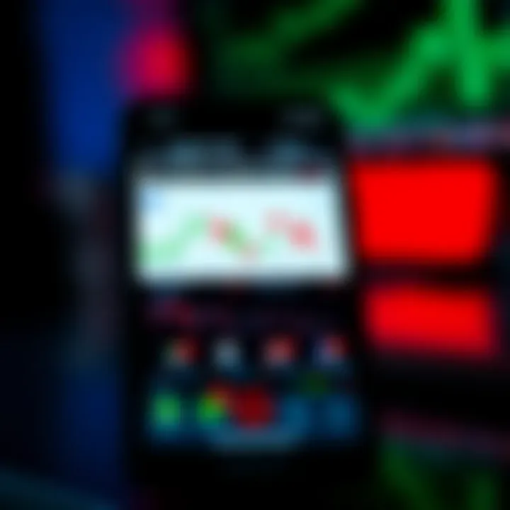 Mobile phone displaying a trading app interface with charts and market data