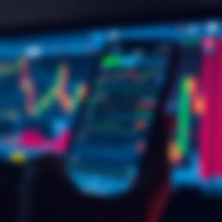 Mobile phone screen displaying various trading app interfaces with stock charts and market data