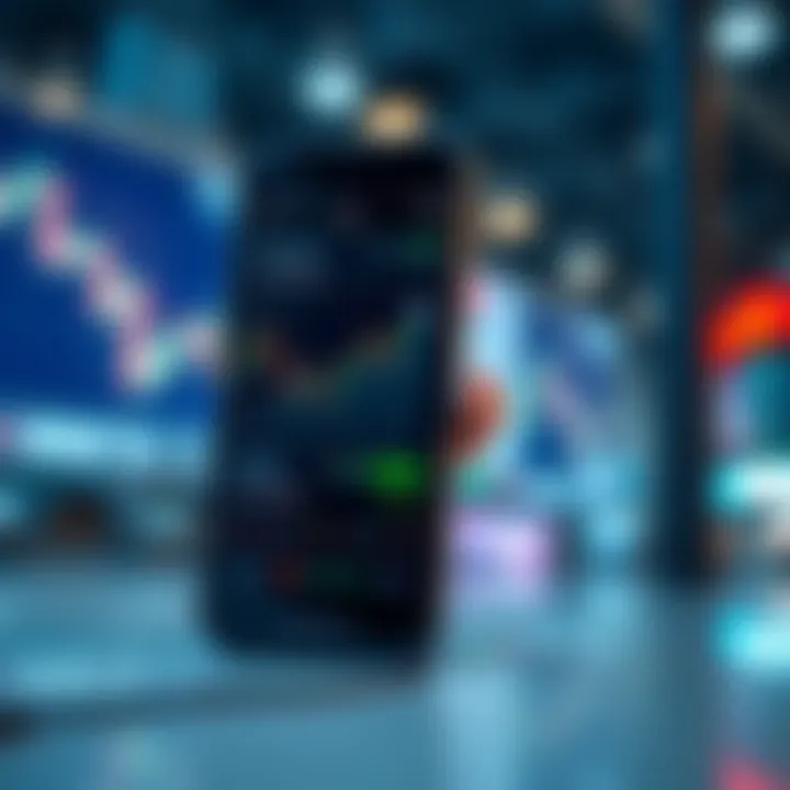 Smartphone displaying live currency trading charts and exchange rates in a financial app interface