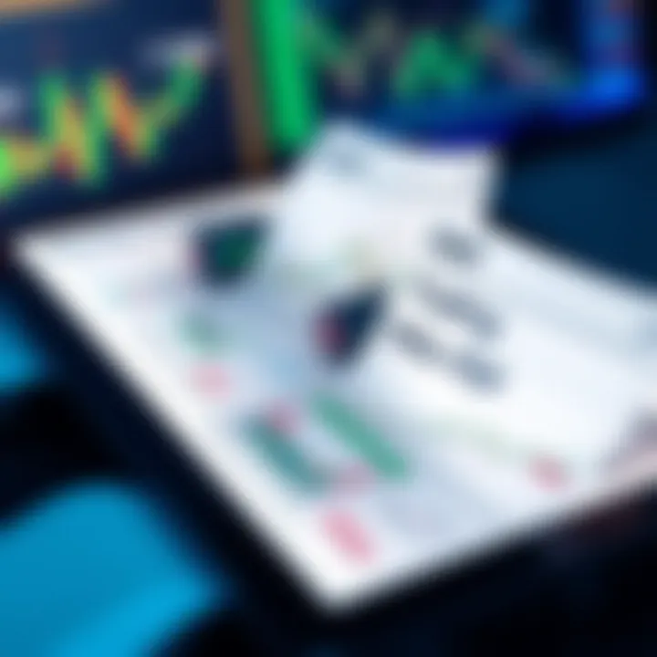 Collection of open trading PDF documents with graphs and charts visible on a digital tablet screen