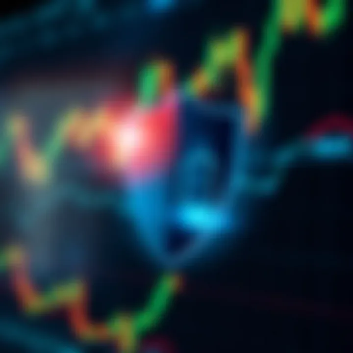 Security shield icon overlaid on digital trading graphs symbolizing online safety measures for trading websites