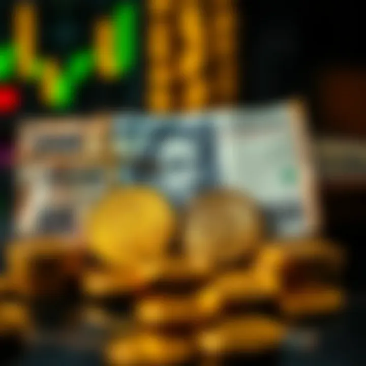 Currency notes and gold coins representing the impact of PKR fluctuations on gold market