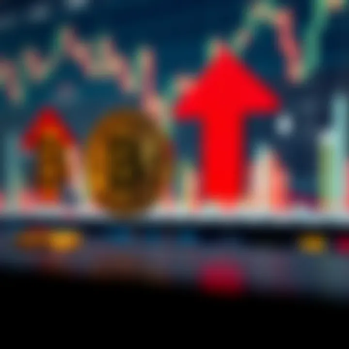 Illustration of digital currency symbols with arrows indicating market analysis and forecasting