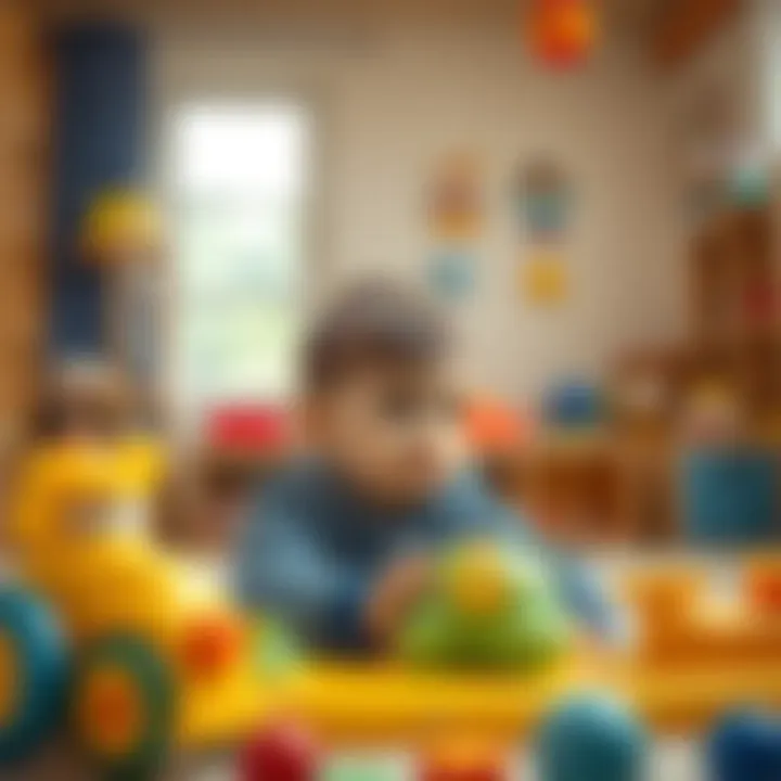 Young child playing safely in a brightly lit room with educational toys