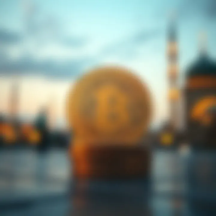 Digital representation of halal cryptocurrency concept with Islamic finance symbols