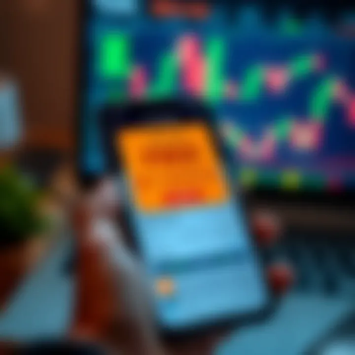 Smartphone displaying a trading app interface with charts and free bonus offer