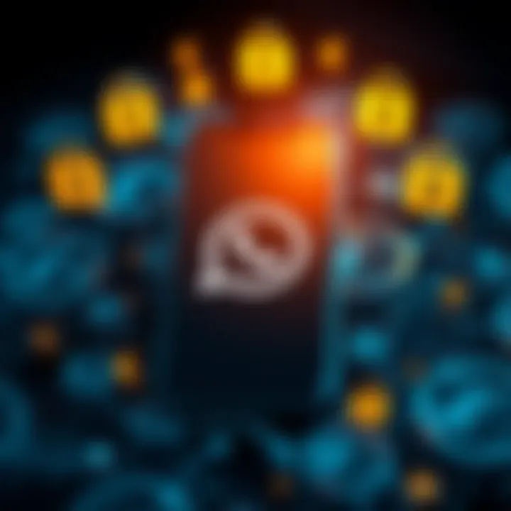 Illustration of a smartphone surrounded by currency symbols and security icons