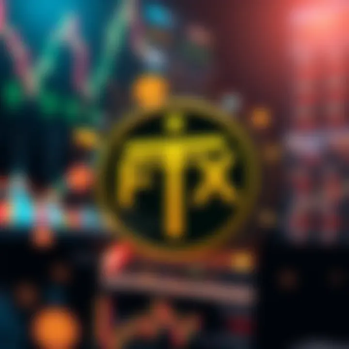 Illustration of the FTX Token logo surrounded by cryptocurrency market symbols and data analytics