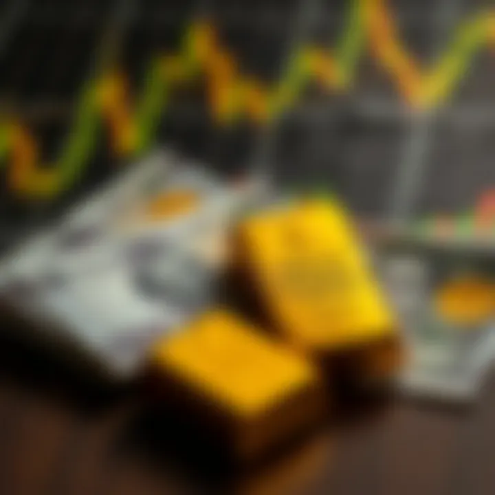 Illustration of gold bars alongside Pakistani rupee banknotes and forex trading charts