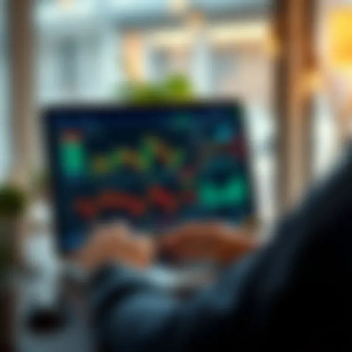 Illustration of a beginner navigating a virtual trading platform on a laptop with charts and educational content visible