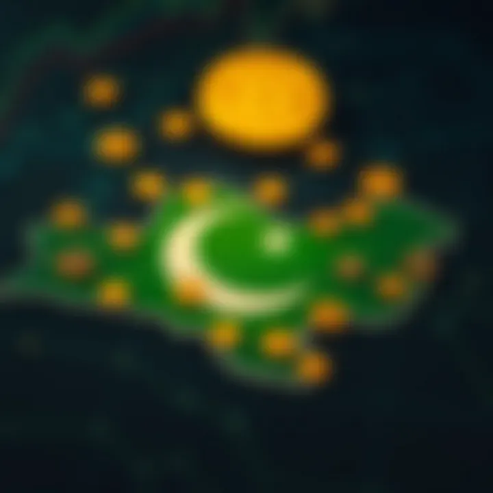 Digital communication symbols and cryptocurrency icons overlayed on a map of Pakistan