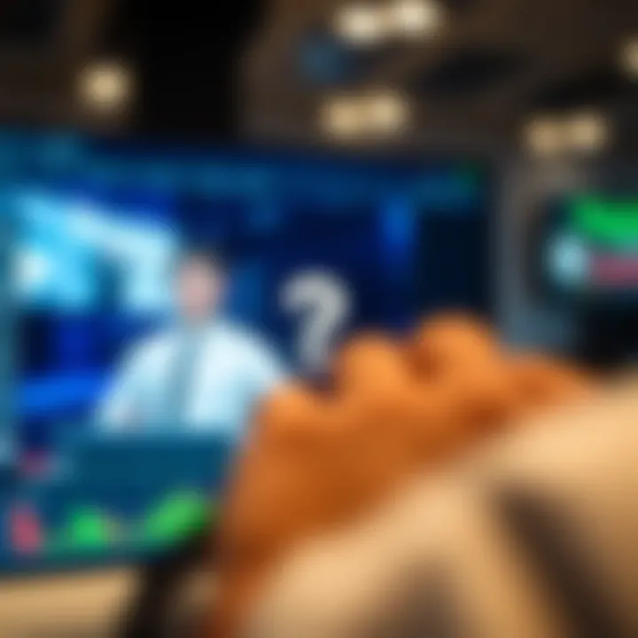 Close-up of a digital screen showing a video playback interface with a question mark overlay