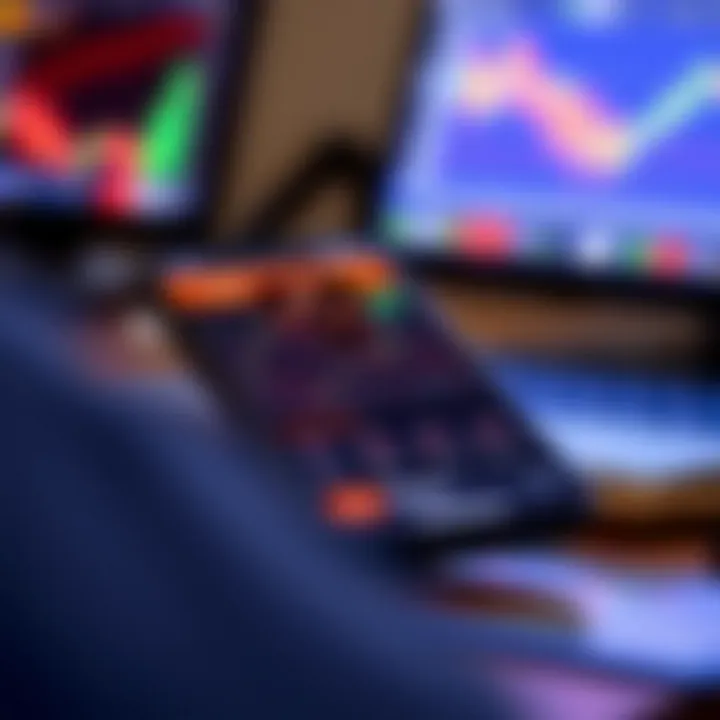 Mobile device screen displaying Quotex trading app interface with charts and trading options