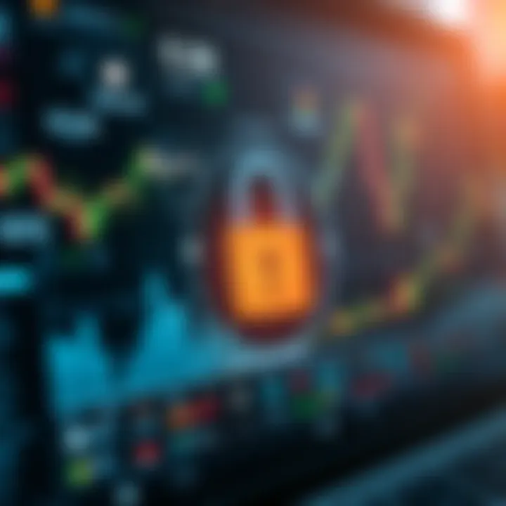 Secure trading environment with digital lock and financial icons representing asset security