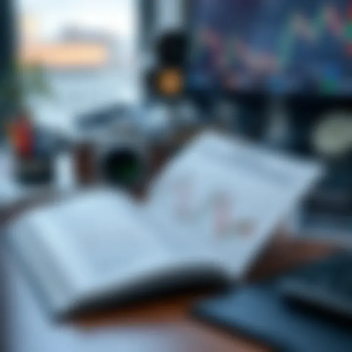 Open trading book displaying charts and market analysis on a desk