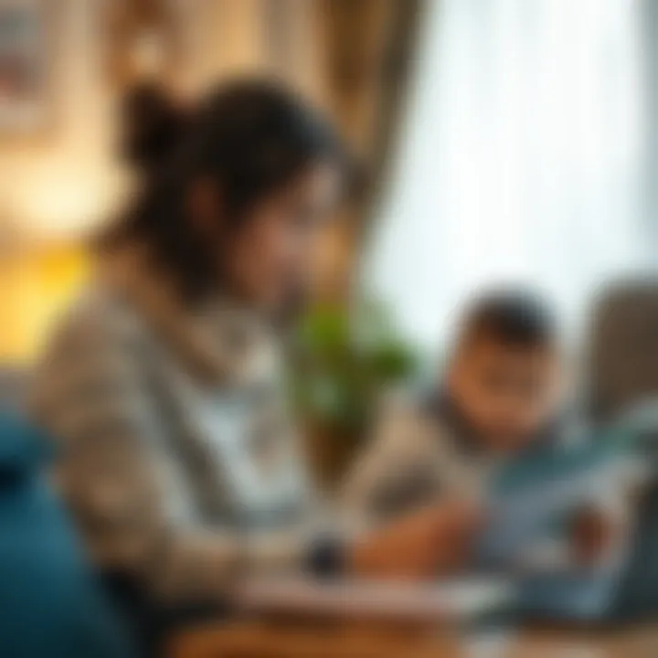 Parent and child engaging with educational materials about internet safety at home