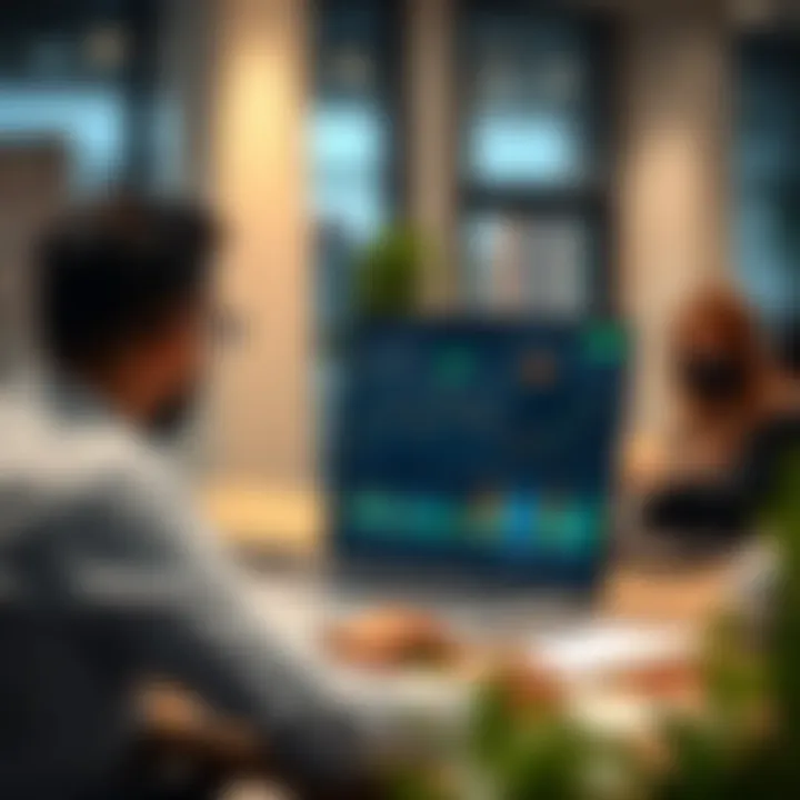 Modern office workspace with financial charts and laptop showing investment data