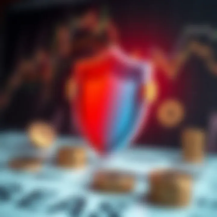 Conceptual graphic depicting financial stability and protection with insurance shield and financial symbols