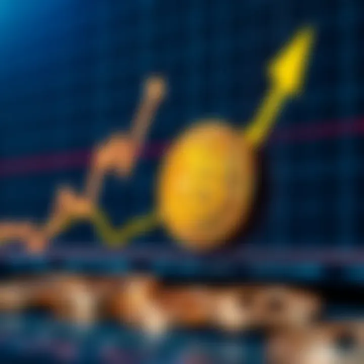 Graph showing upward trend of Bitcoin price with digital currency symbols