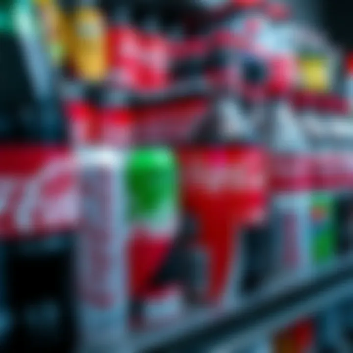 Beverage cans and bottles from leading global brands arranged on a shelf