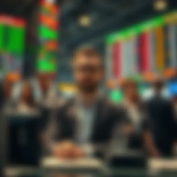 Illustration of financial market participants including traders, brokers, and analysts