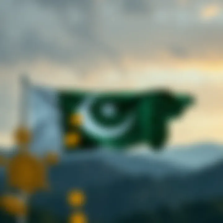 Pakistani flag with digital currency symbols representing cryptocurrency regulation
