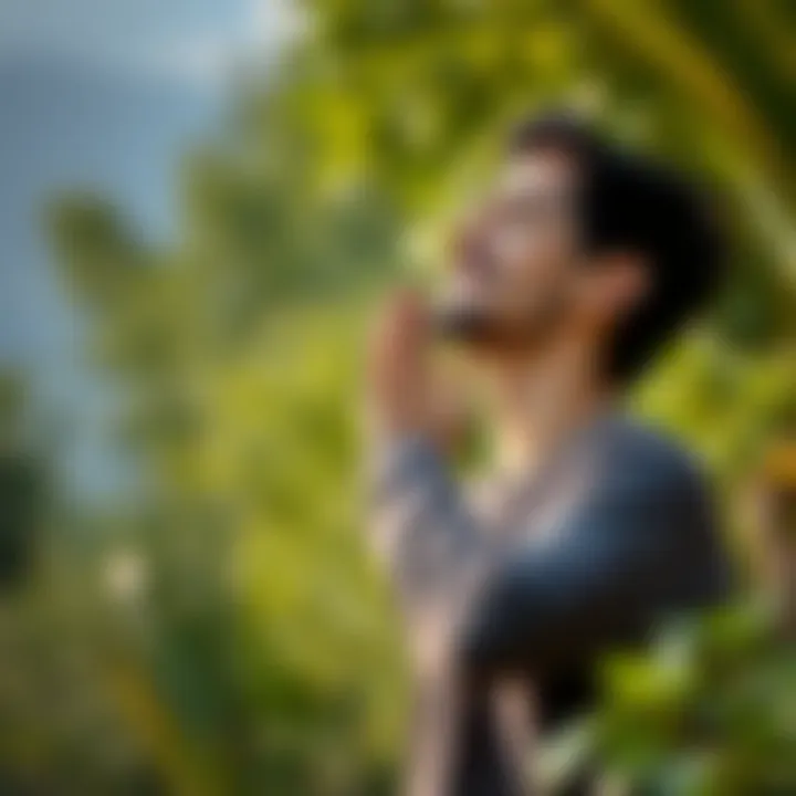 Person practicing deep breathing exercises outdoors surrounded by greenery