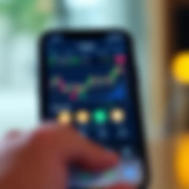 Mobile device displaying a trading app interface with charts and virtual currency icons