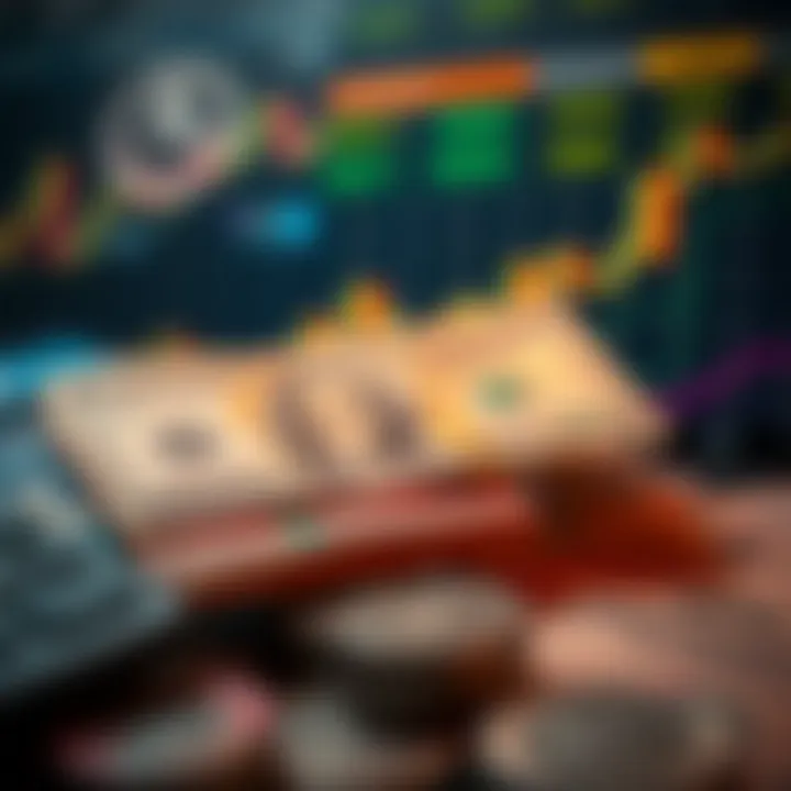 Illustration showing US dollars converting into Pakistani rupees with fluctuating exchange rate charts