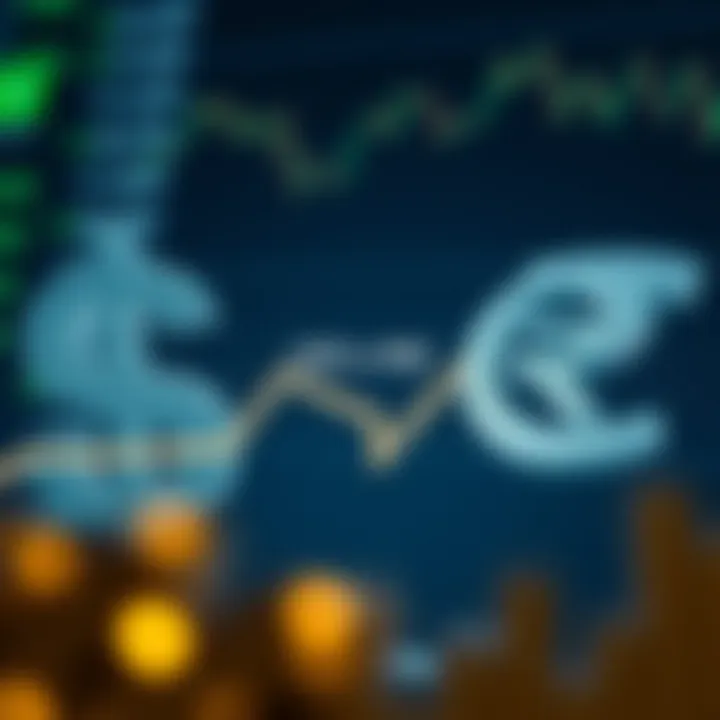 Illustration of currency symbols representing US Dollar and Pakistani Rupee with arrows indicating exchange rate movement