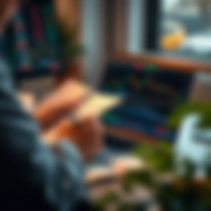 Person using a laptop with trading charts and notes while referencing a PDF trading book