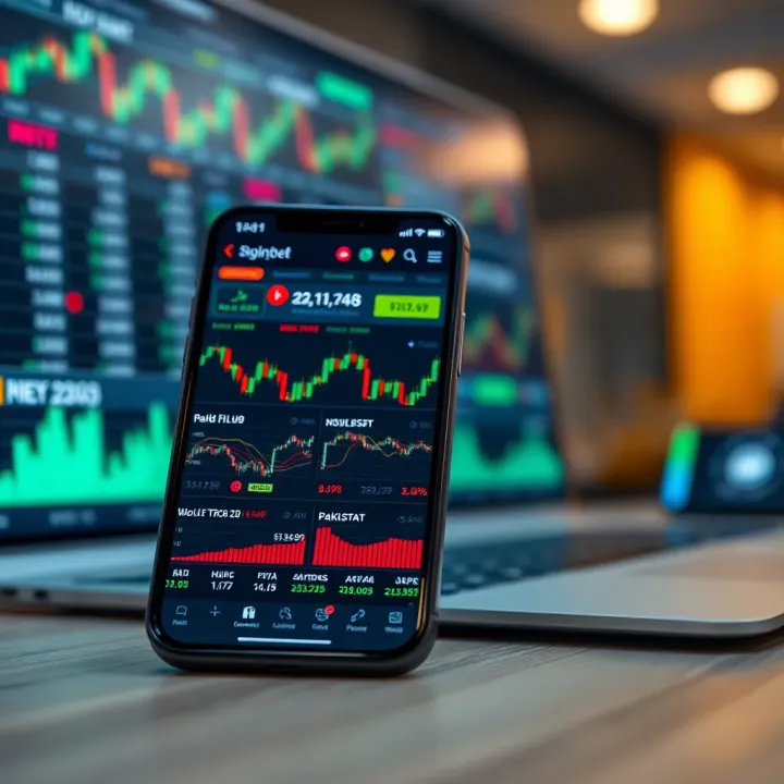 Online Trading Platform Interface for Pakistan Traders Mobile phone displaying various online trading charts and market data tailored for Pakistani investors
