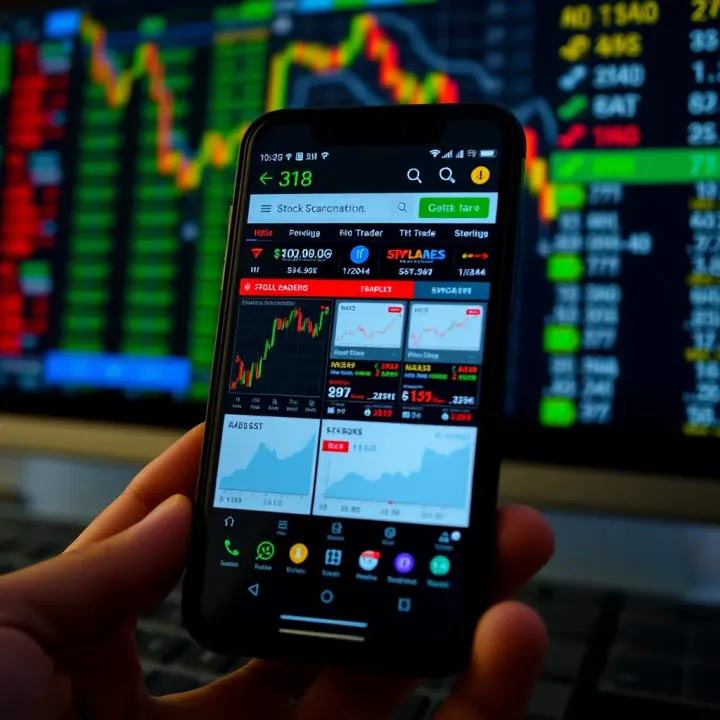 Smartphone screen displaying a variety of stock trading apps with charts and market data