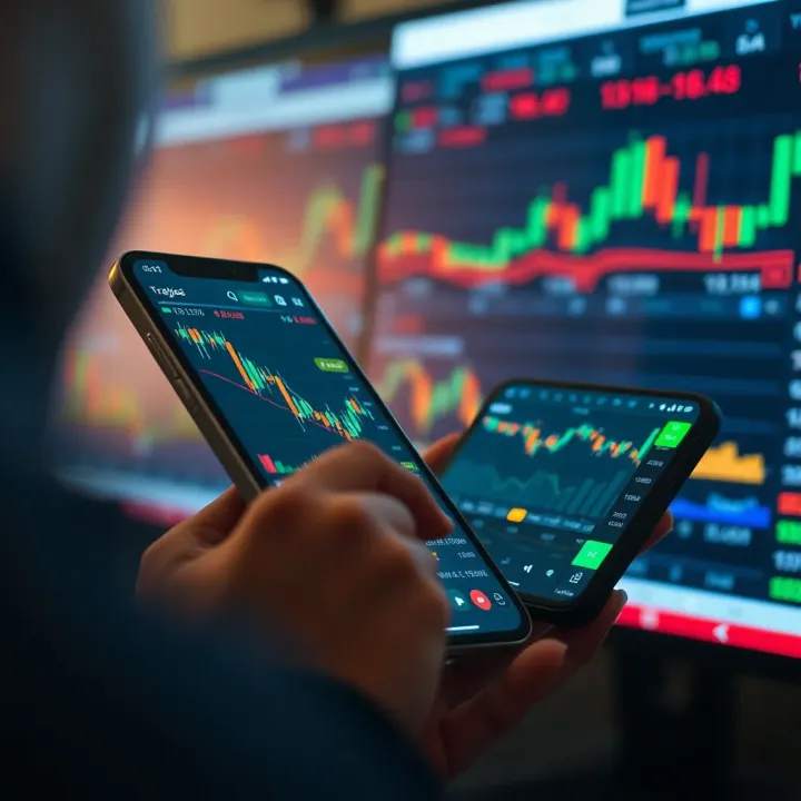 Mobile phone screen displaying various financial charts and market data for trading