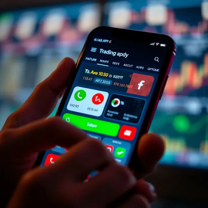 User interface showing various trading app features on a smartphone screen