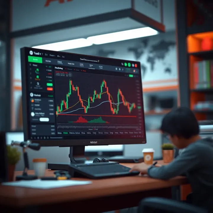 Illustration of a digital trading interface displaying market charts and trading tools