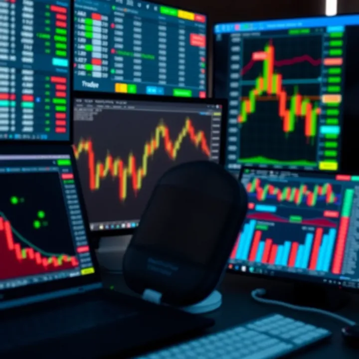 Multiple trading platform interfaces displayed on a computer with currency symbols