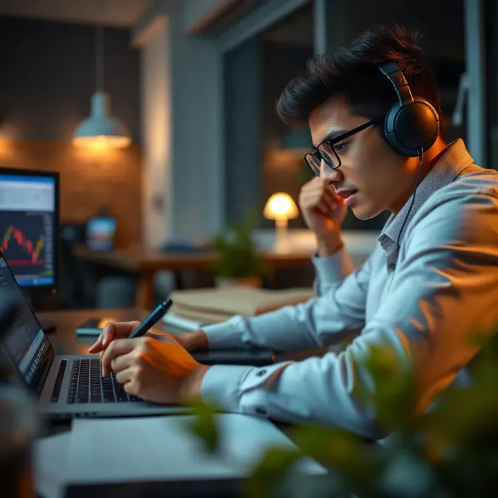 Engaged Learner Accessing Free Online Trading Course Student attentively taking notes while watching an online trading course on a laptop