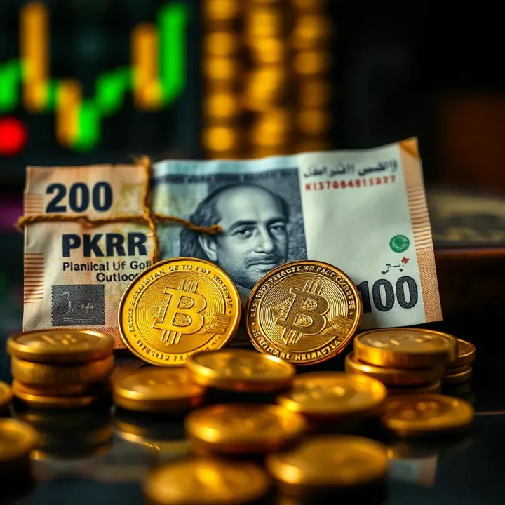 Impact of Currency Fluctuations on Gold Market in Pakistan Currency notes and gold coins representing the impact of PKR fluctuations on gold market
