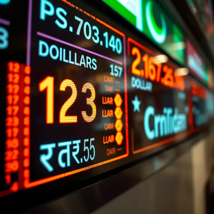 Current Exchange Rate for US Dollar to Pakistani Rupee Conversion Close-up of a currency exchange display showing the current rate for US dollar to Pakistani rupee conversion