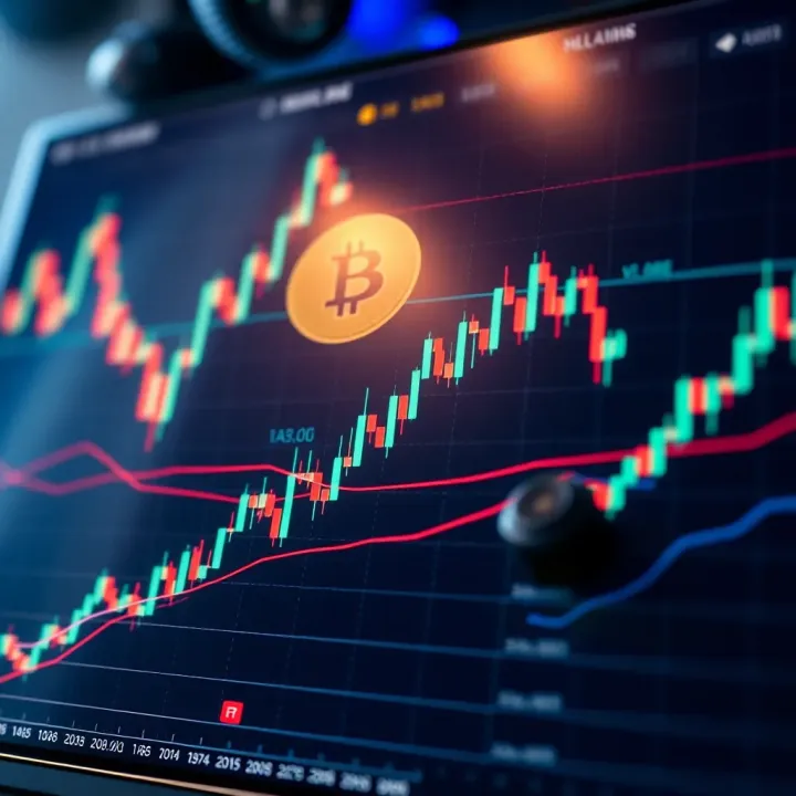 Bitcoin Price Trends and Technical Analysis Chart Graph displaying Bitcoin price fluctuations with candlestick patterns and volume indicators