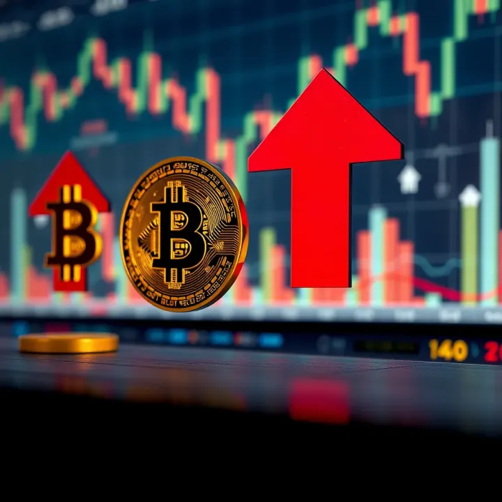 Illustration of digital currency symbols with arrows indicating market analysis and forecasting