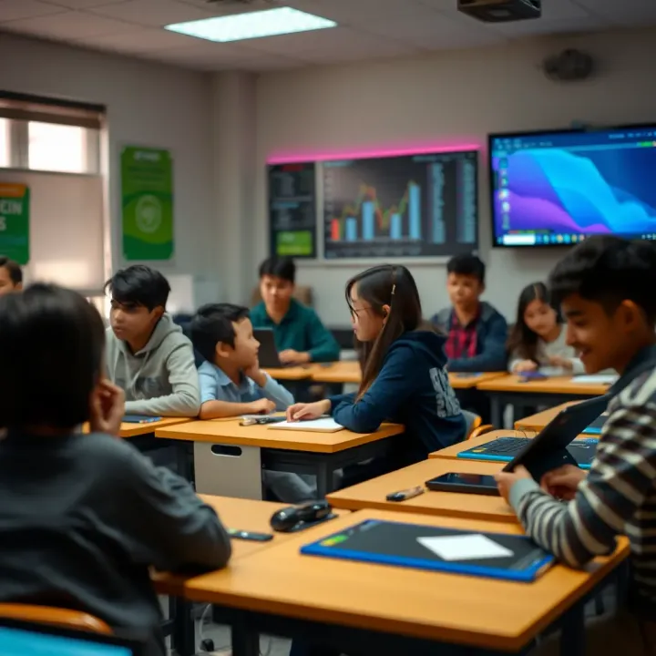 Classroom with students engaged in interactive learning using digital devices